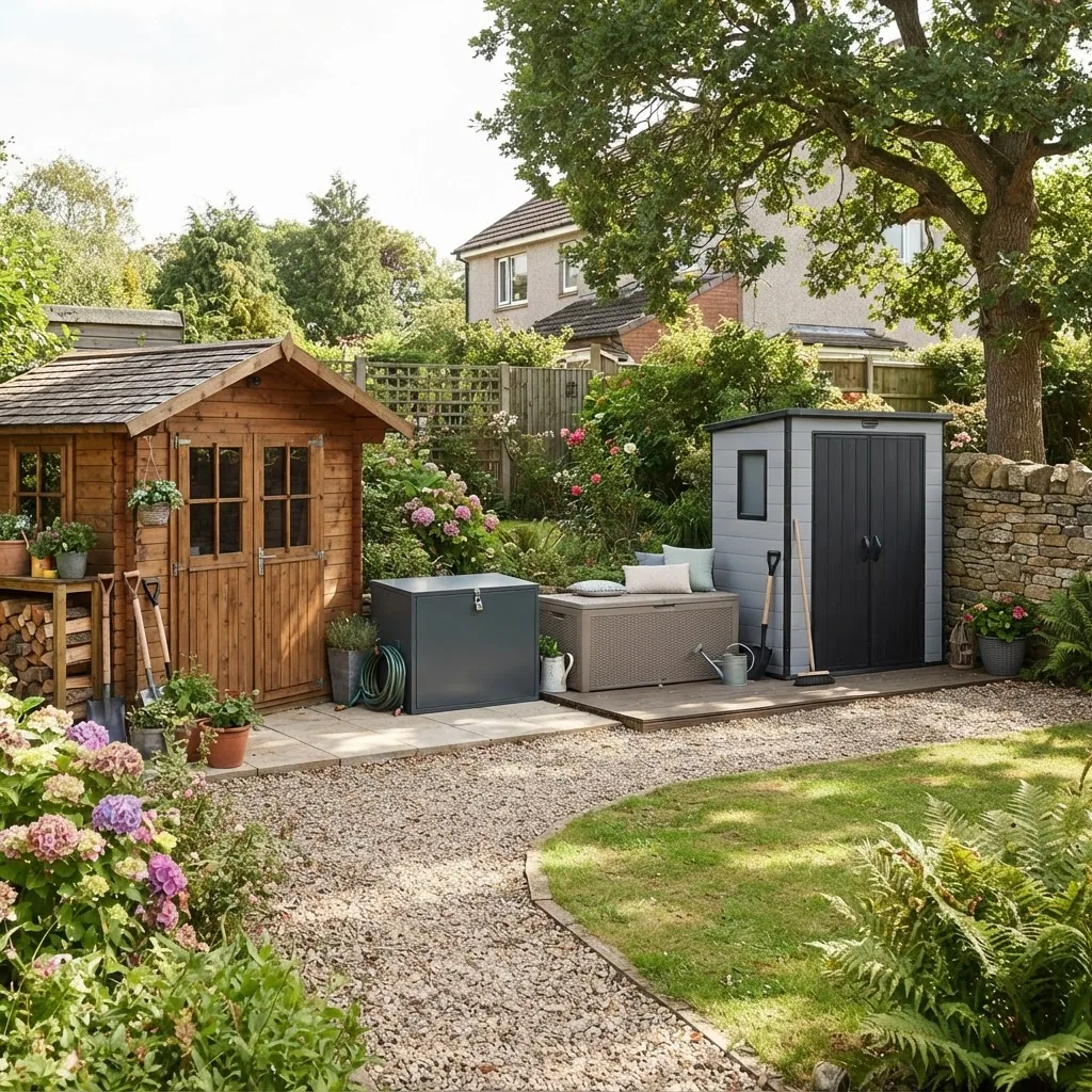 backyard setting showing a range of outdoor storage types including a wooden garden cabin, metal storage box, plastic deck box, and modular