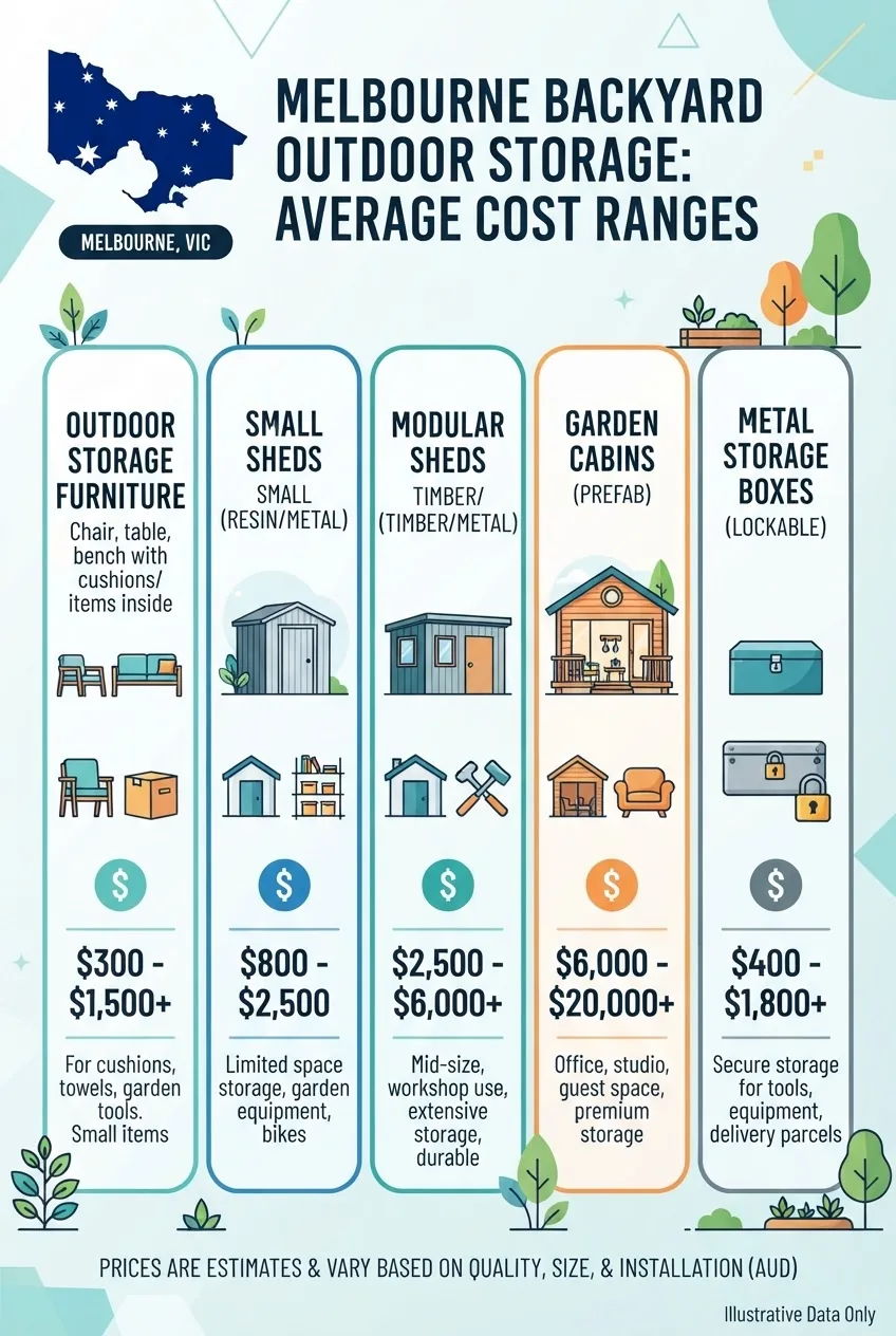 shows average cost ranges for different backyard outdoor storage options including furniture, small sheds, modular sheds, garden cabins,