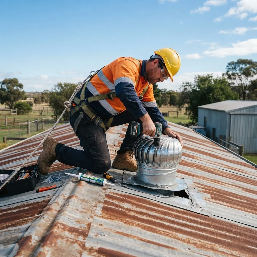 Action shot of a person installing a roof air vent on a corrugated iron shed roof, wearing safety gear, daytime outdoor setting with clear