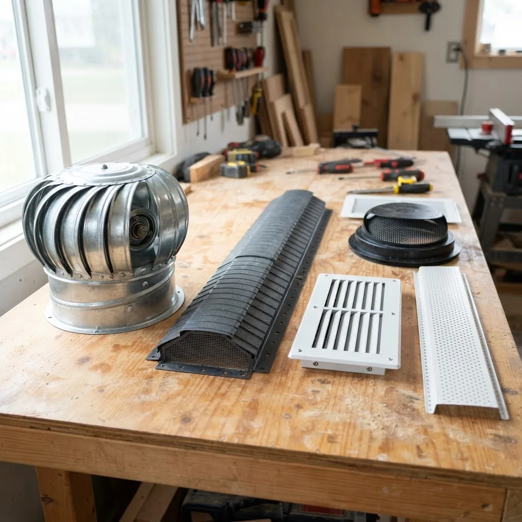 Close-up photo of various types of roof air vents (turbine vents, ridge vents, soffit vents) laid out on a workbench, bright natural