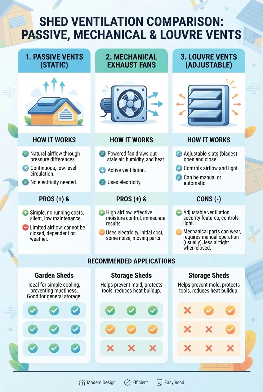 compares passive vents, mechanical exhaust fans and louvre vents; include three columns with small icons, short descriptions, pros/cons and