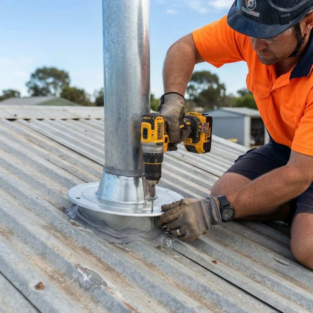 A close-up photo shot of a worker wearing safety gear installing a roof flume vent on a metal shed roof in bright daylight, showing hands