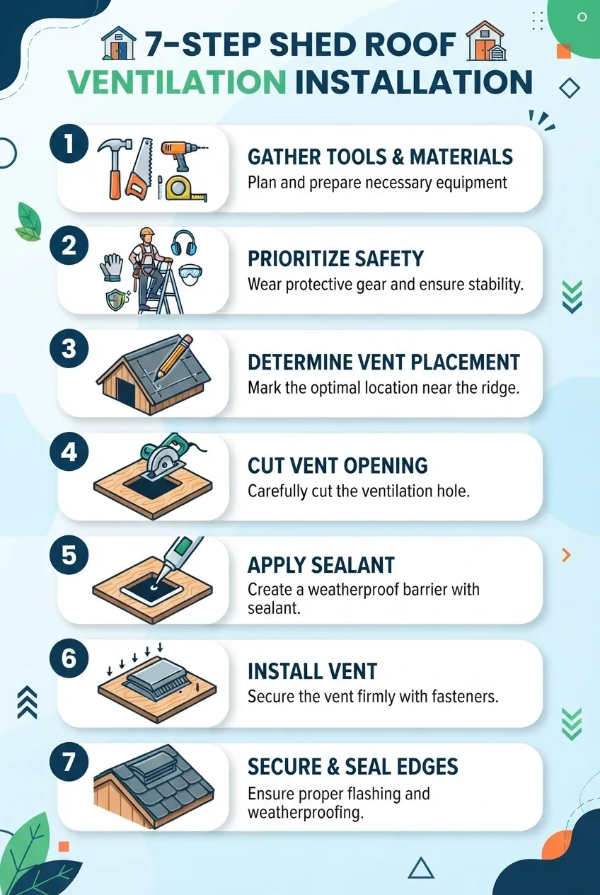 A clean, visual infographic showing a numbered 7-step process of roof ventilation installation on a shed, with icons for each step
