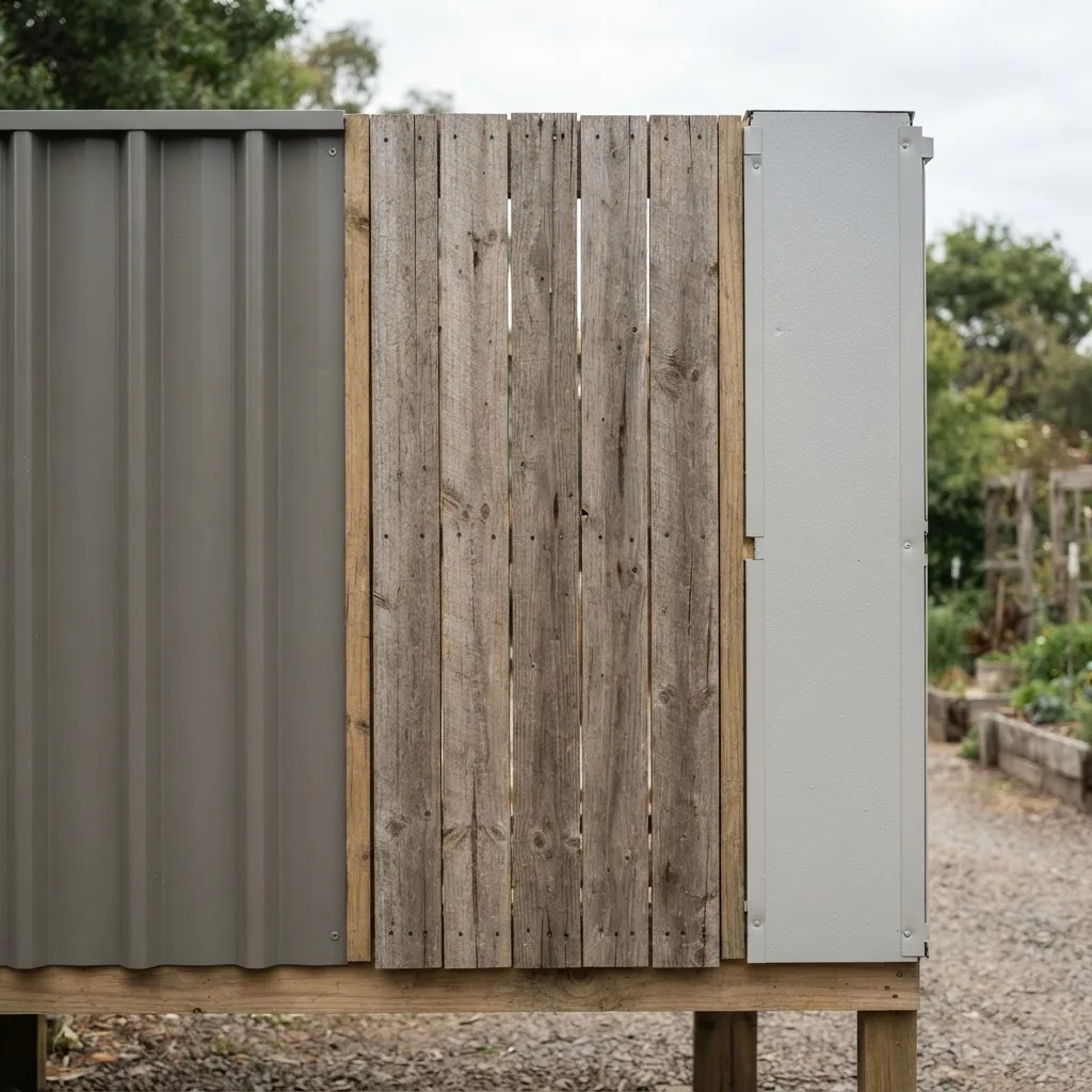 Close-up image showcasing three shed wall sections side-by-side: colorbond steel, timber frame with cladding, and prefab metal panels, shot