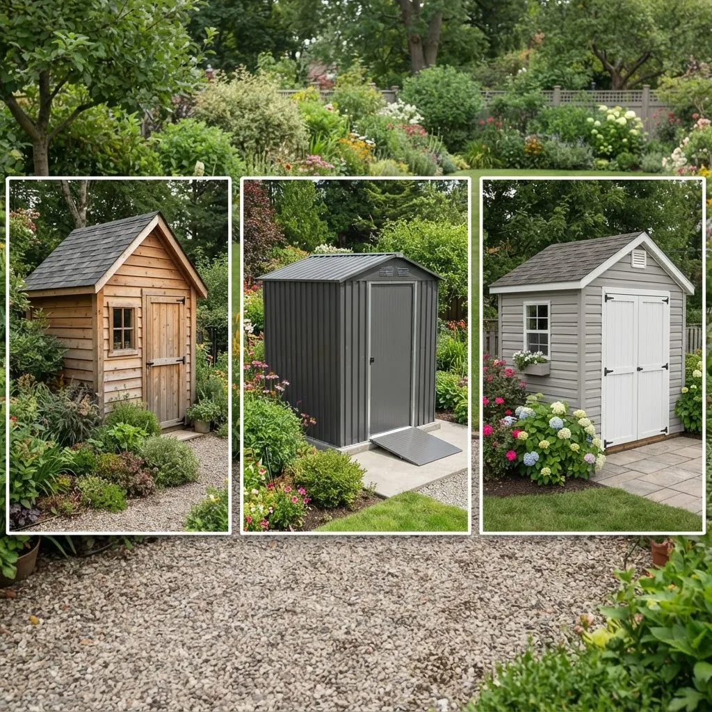 A collage image showing three side-by-side photos of different shed types for a 5x5 footprint: timber frame with shingle roof, metal panel