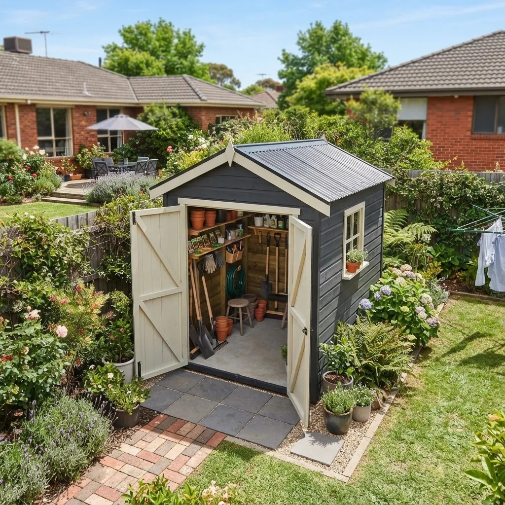 A high-angle outdoor photo of a 5x5 garden shed with doors open, showing interior shelving and garden tools stored neatly, bright daylight,