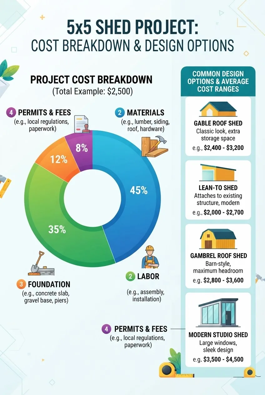 An infographic with a pie chart breaking down typical 5x5 shed project costs into materials, labor, permits, and foundation, plus a side
