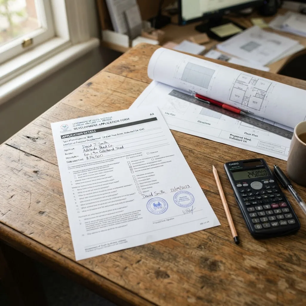 an official South Australian building permit application form for a shed, resting on a wooden desk with architectural drawings and a