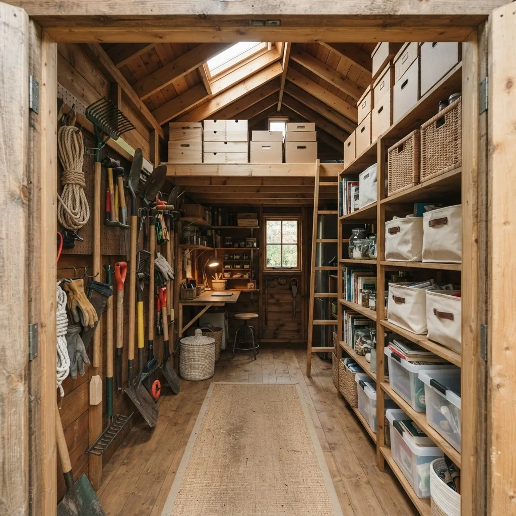 Interior shot of a compact shed cabin showcasing built-in shelves, overhead loft storage with organized boxes, and hooks on walls for