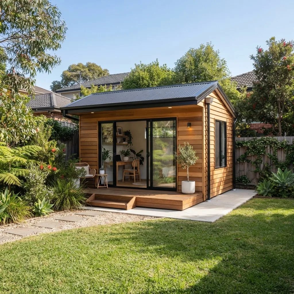 A modern wooden shed cabin built in a suburban Melbourne backyard, showing clear site orientation with natural sunlight from the right