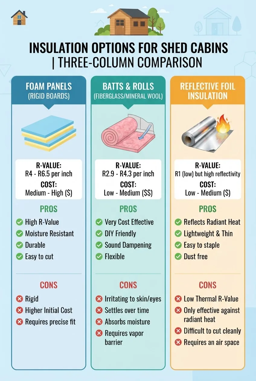 A three-column comparison infographic of insulation types used in shed cabins: foam panels, batts and rolls, and reflective insulation,