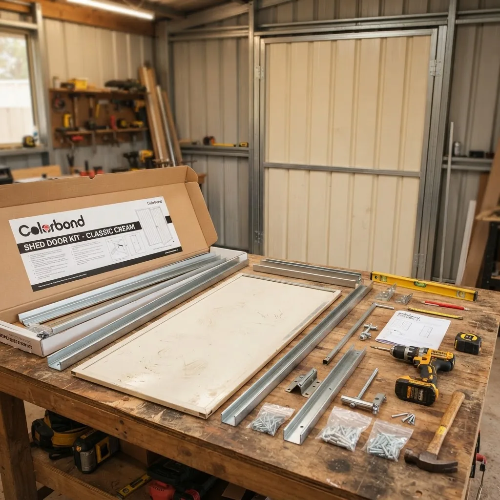 an opened Colorbond shed door kit box with components laid out neatly on a workbench, with tools visible and a partially installed shed