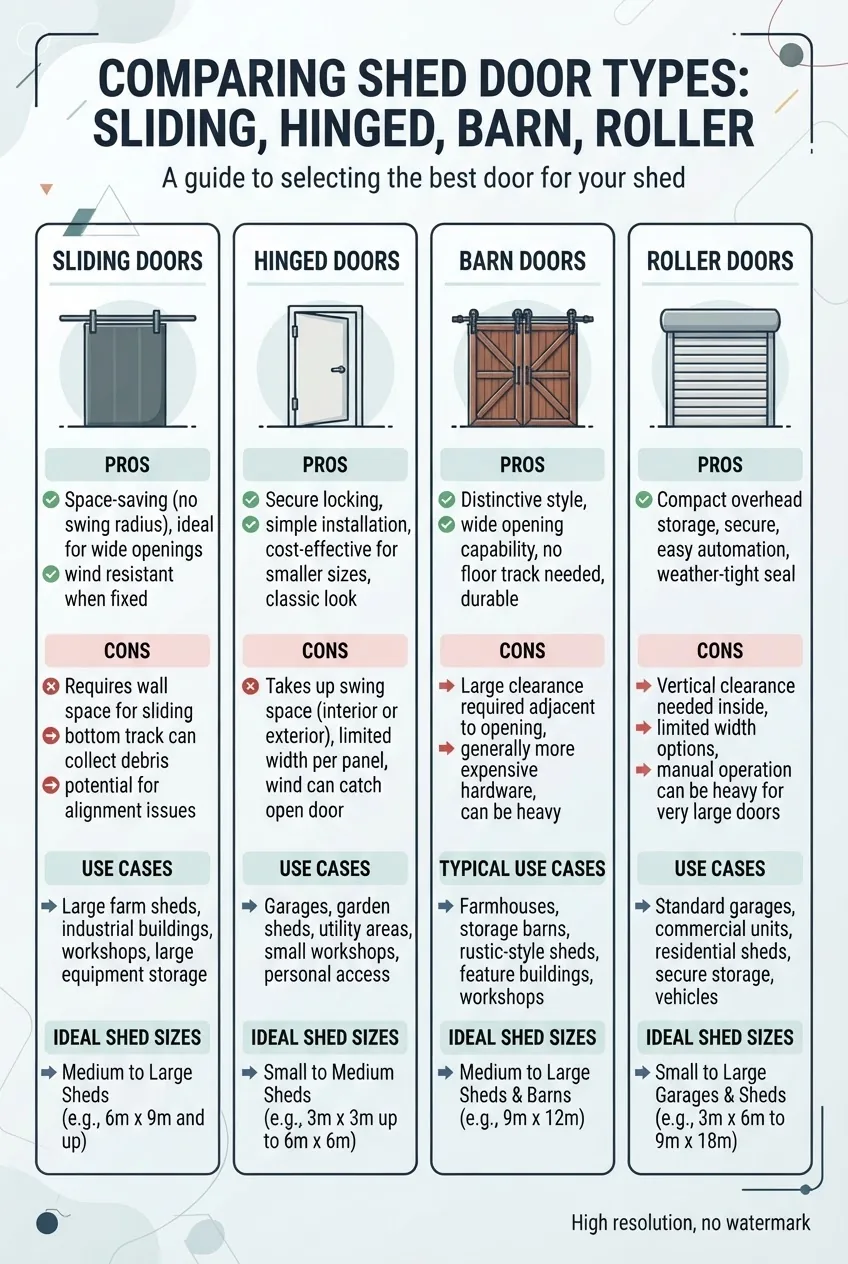 contains four columns comparing sliding, hinged, barn, and roller shed doors; each column contains an icon representing the door type, a