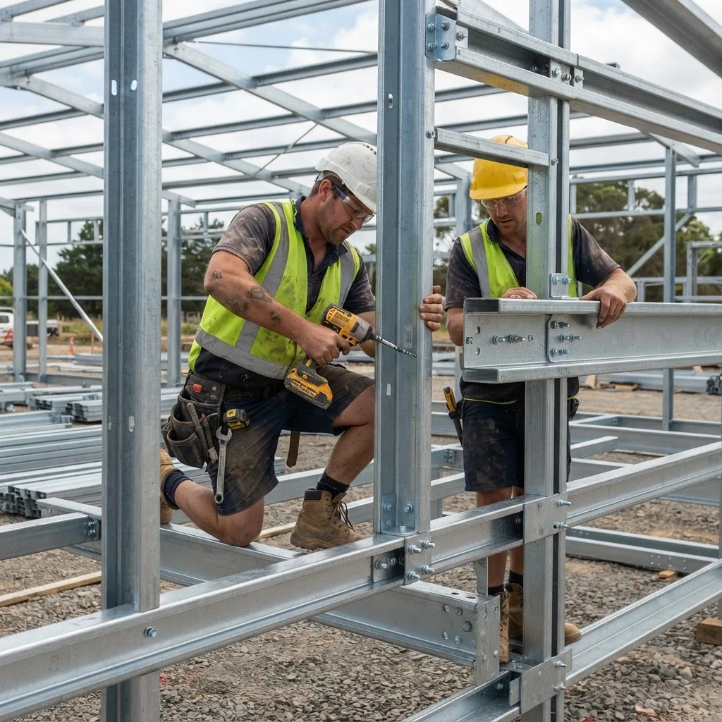 a shed frame construction site focusing on workers installing steel frame components, highlighting tools and materials in use, natural