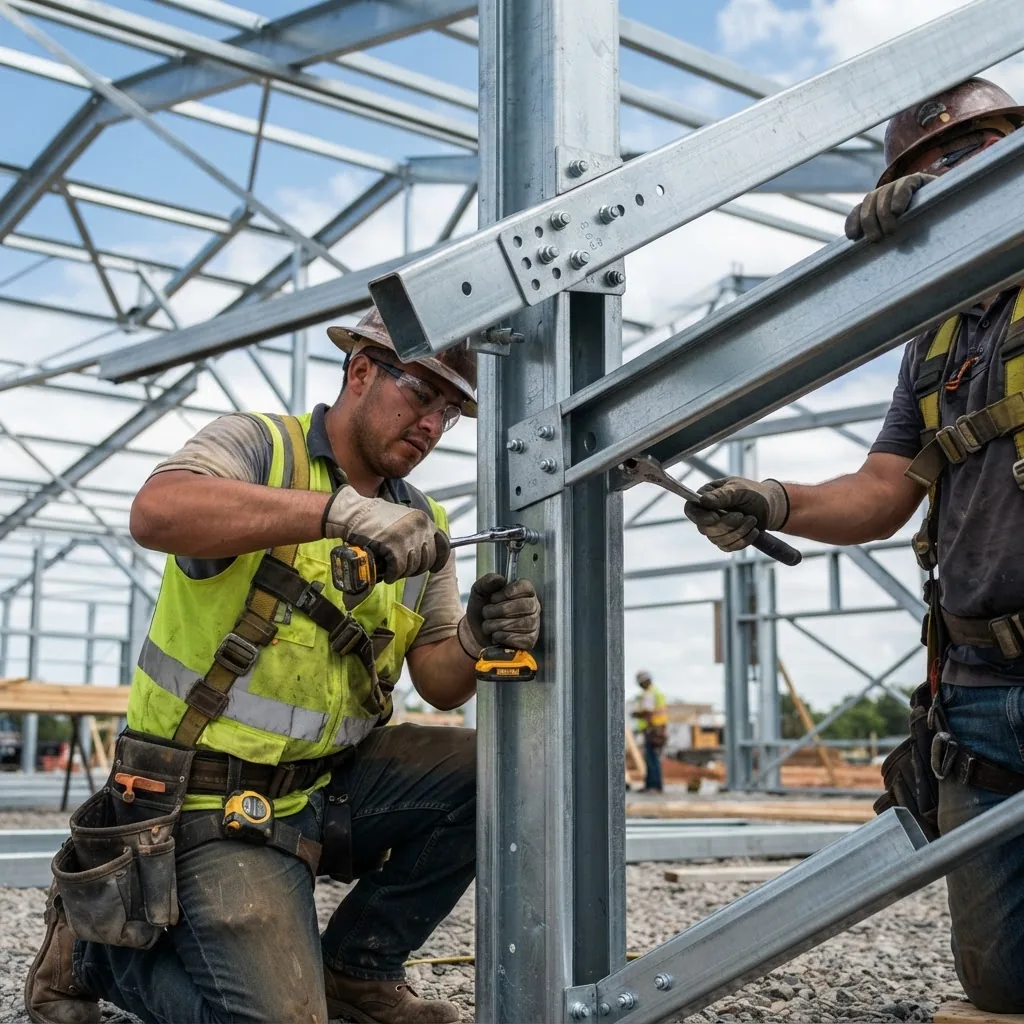 a shed frame construction site focusing on workers installing steel frame components, highlighting tools and materials in use, natural
