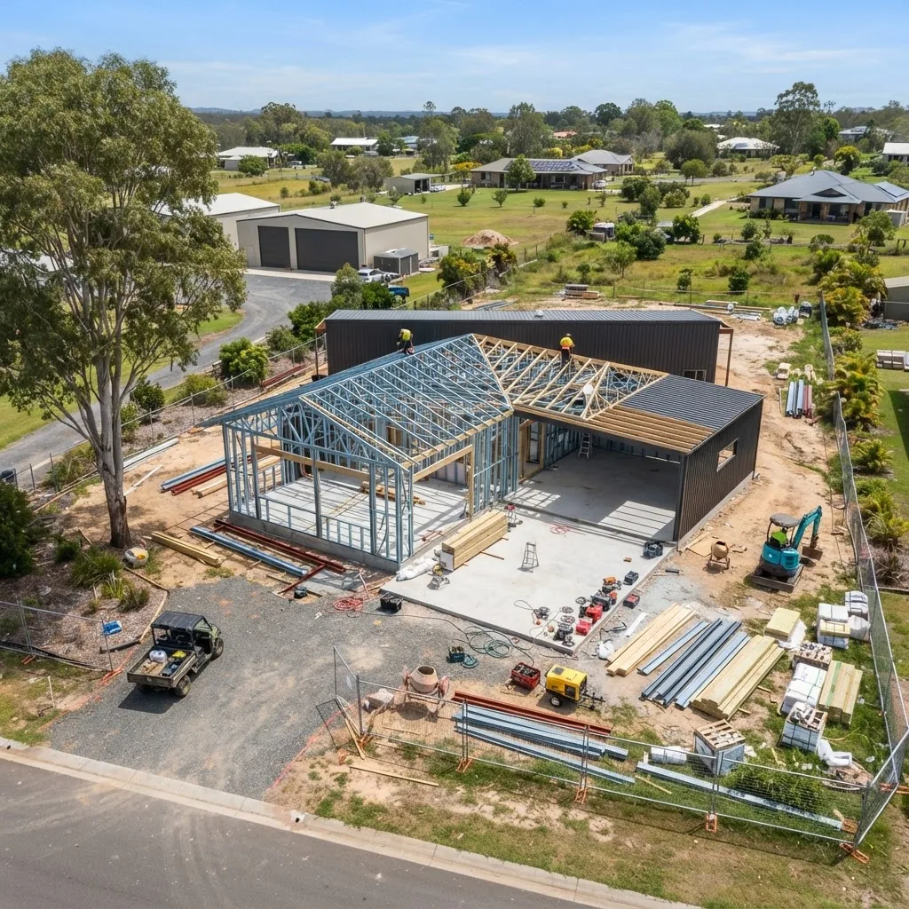 Overhead shot of a construction site mid-build of an Australian shed home, showing framing and partially completed walls, worksite tools
