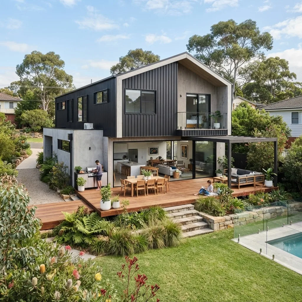 Photograph of a modern two-story shed house with open-plan design, situated in a suburban Australian setting, natural daylight highlighting