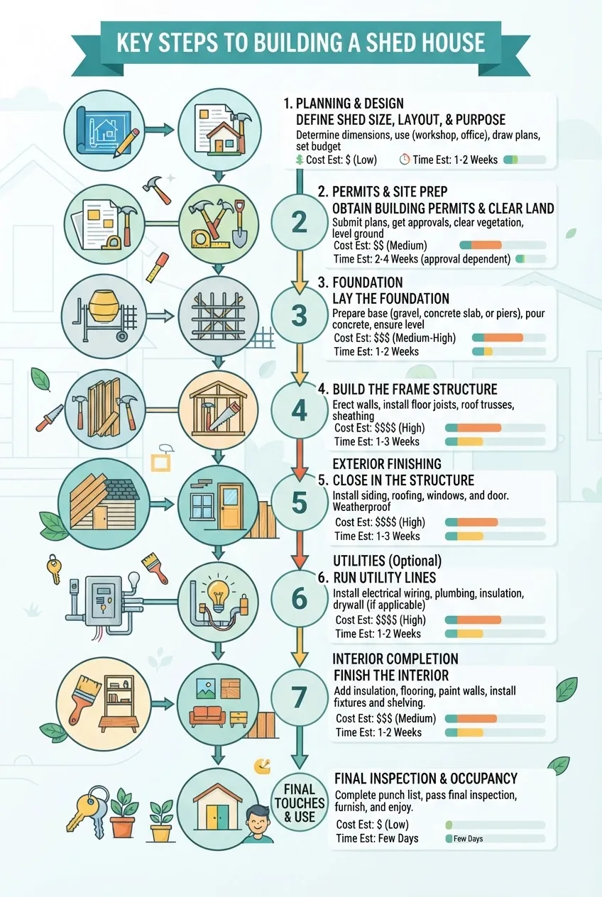 A clean infographic with a vertical flowchart illustrating key steps of building a shed house from planning, permit acquisition,