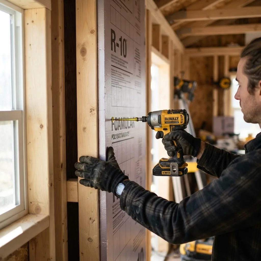 Close-up photo of a person installing rigid insulation panels inside a wooden shed wall frame, screw gun visible, daylight lighting,