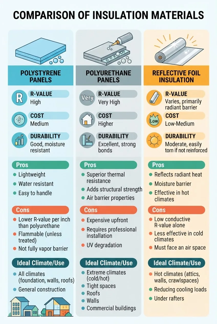 Infographic showing a three-column comparison of polystyrene panels, polyurethane panels, and reflective foil insulation; each column