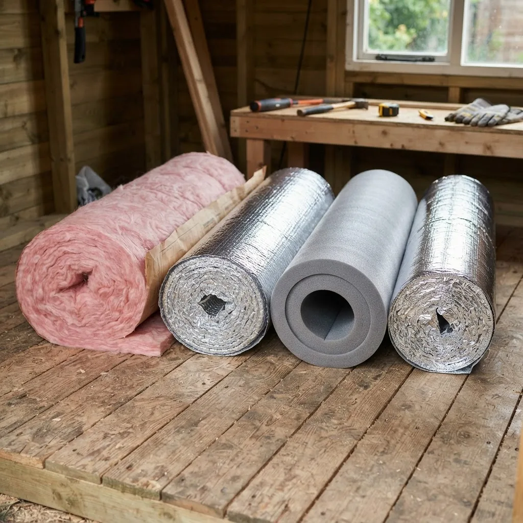 several types of shed insulation rolls including foil reflective rolls, fiberglass rolls, foam rolls and bubble wrap insulation laid side