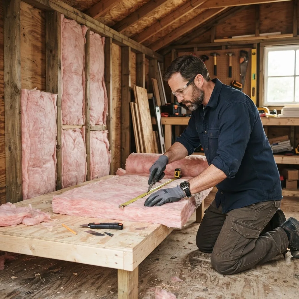 a DIY installer wearing gloves measuring and cutting shed insulation roll inside a wooden-framed shed with tools visible, taken from a side