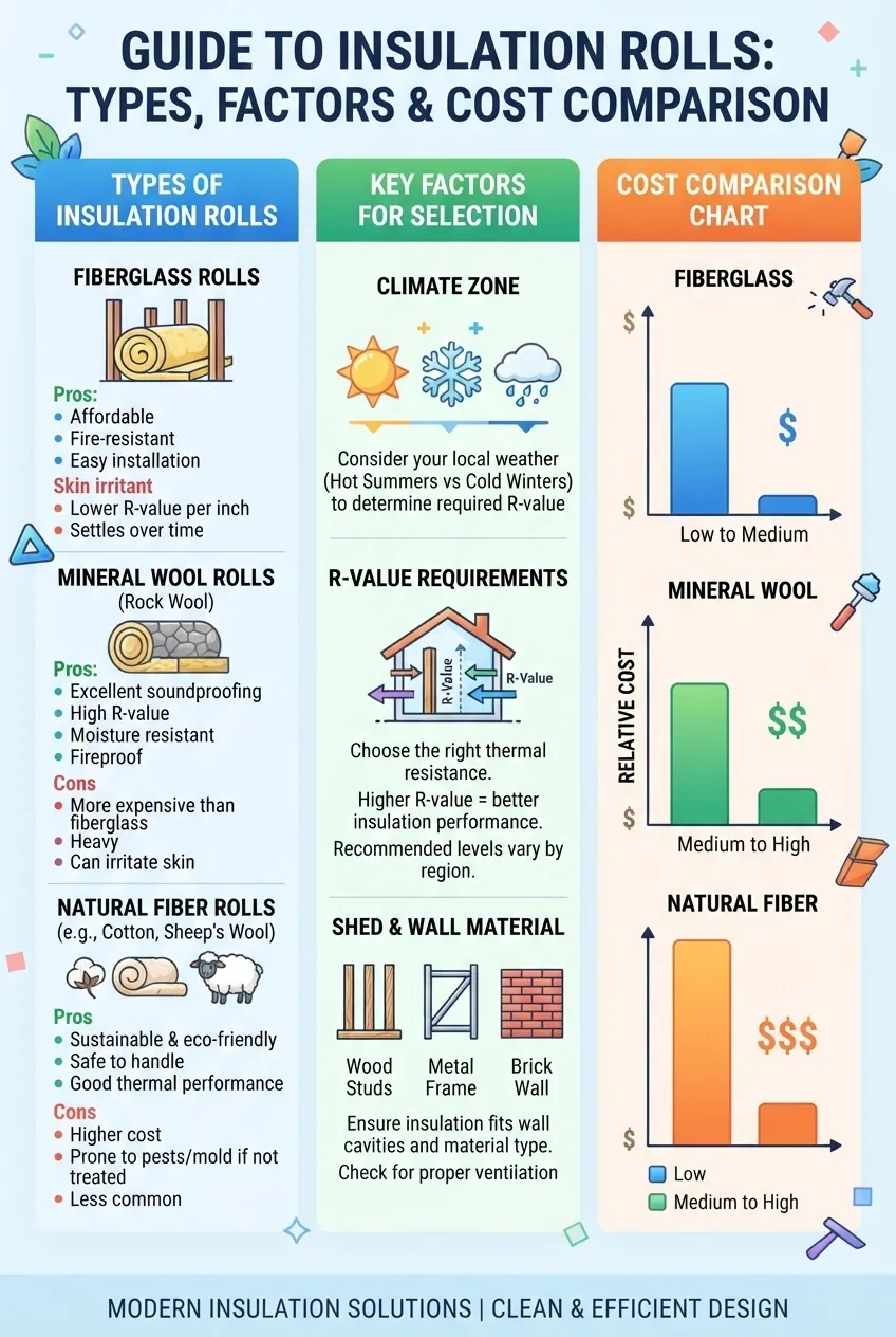 with three columns: 1) Types of insulation rolls with icons and pros/cons, 2) Key factors for selection including climate, R-value, shed