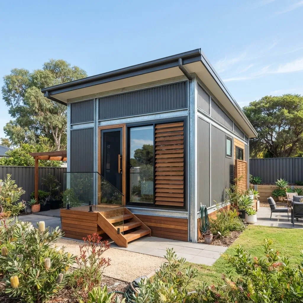 an exterior photograph of a modern metal shed kit home situated in a typical Western Australian suburban backyard, showing a steel frame