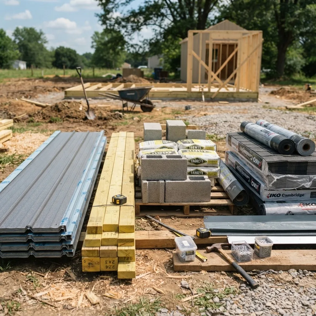 construction materials for a storage shed including steel panels, timber framing, concrete blocks, and roofing materials, scattered onsite