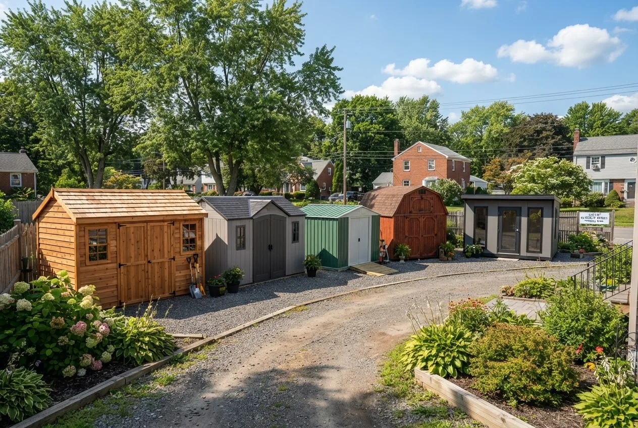 a range of shed types (metal, wooden, modular) displayed outdoors in a sunny Albany suburb setting, showing variety and quality, daylight