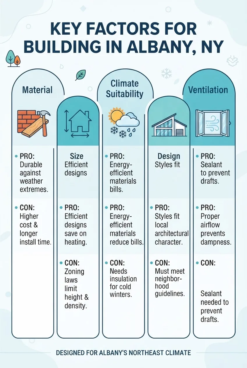 shows five columns representing key factors: material, size, climate suitability, design, and ventilation—each column with a simple icon