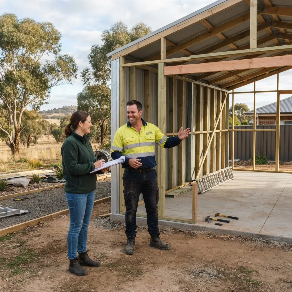 A professional shed builder consulting with a homeowner outdoors, next to partially constructed shed frame, daylight, casual workwear,