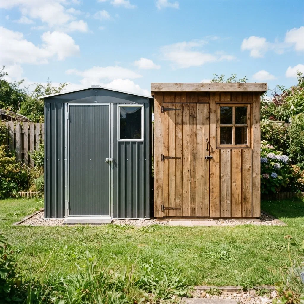 Close-up photo showing side-by-side steel and timber garden sheds under bright outdoor lighting, with grass base and blue sky, highlighting