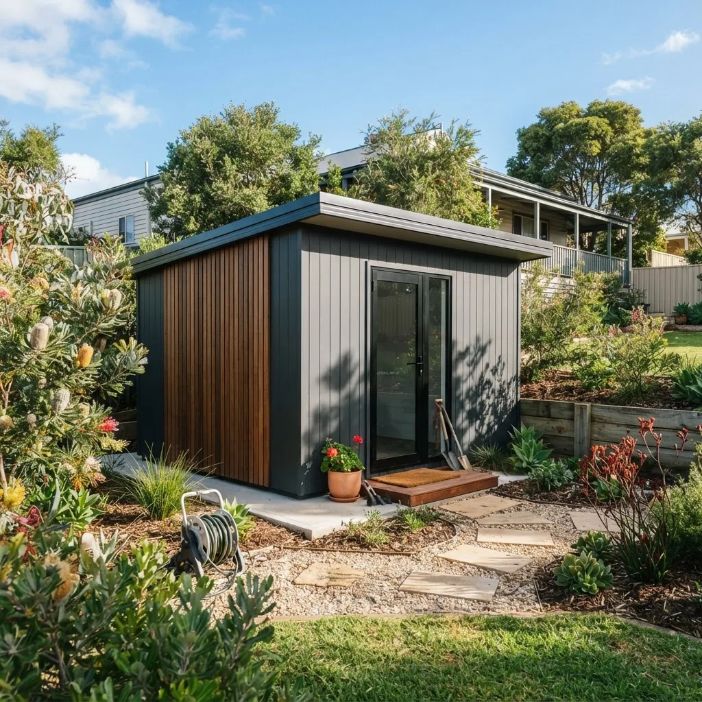 A clear daytime exterior photo of a newly installed modern garden shed on a residential property in Busselton, WA, showing coastal sunlight