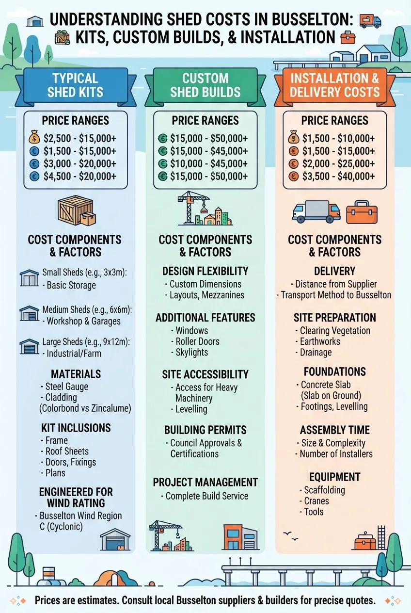 An infographic with a three-column layout: Column 1 shows typical price ranges for shed kits, Column 2 for custom builds, Column 3 for