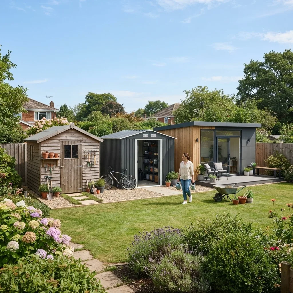 three different garden sheds arranged side by side in a suburban backyard setting: one timber shed, one metal shed, and one modular