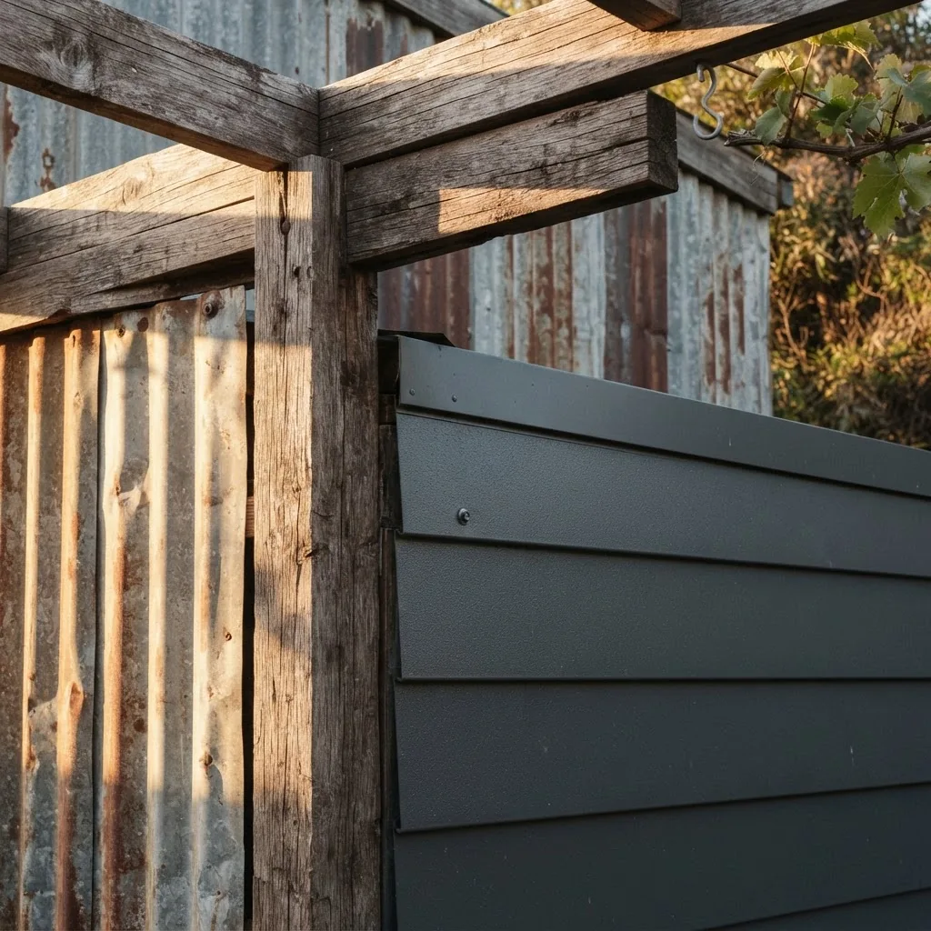 Close-up photo showcasing different shed materials: corrugated iron, Colorbond steel panels, and timber pergola beams with morning light