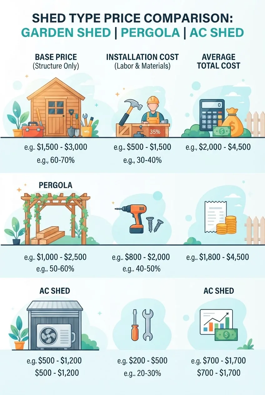 A clean infographic comparing prices of various shed types (garden shed, pergola, AC shed), with three columns showing base price,