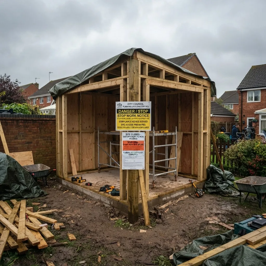 An image of a partially constructed shed site with visible warning signs and council notices posted, overcast lighting highlighting
