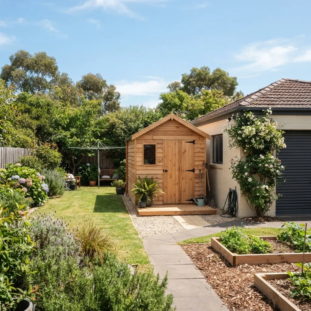 A well-lit suburban backyard in Frankston featuring a newly built timber garden shed next to a garage, captured on a sunny day with clear
