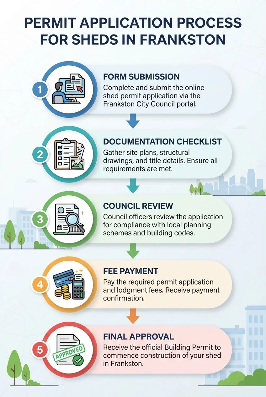 A clean, modern infographic illustrating a five-step permit application process for sheds in Frankston, including icons for form