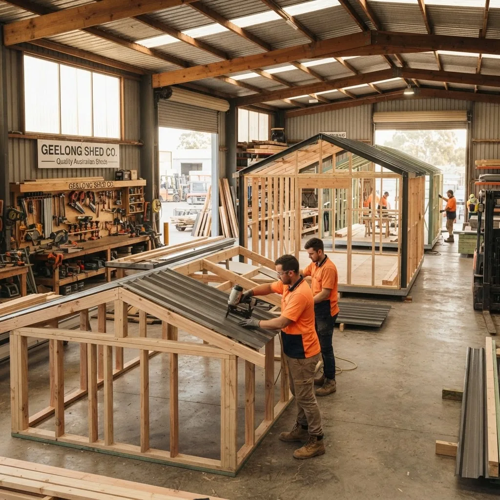a local shed builder’s workshop in Geelong with partially constructed sheds visible, workers in safety gear, tools and materials orderly
