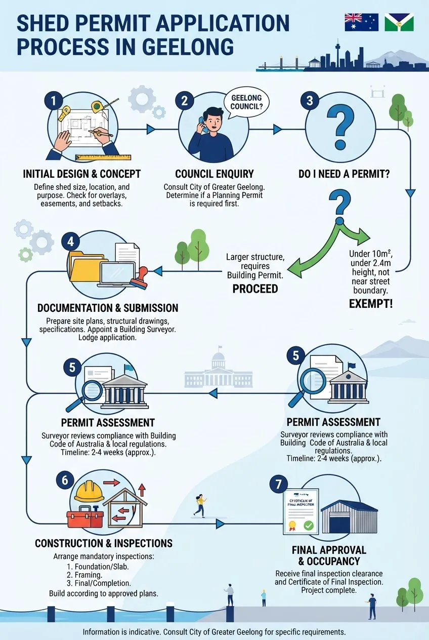 An infographic illustrating a step-by-step flowchart of the shed permit application process in Geelong, starting from initial design,