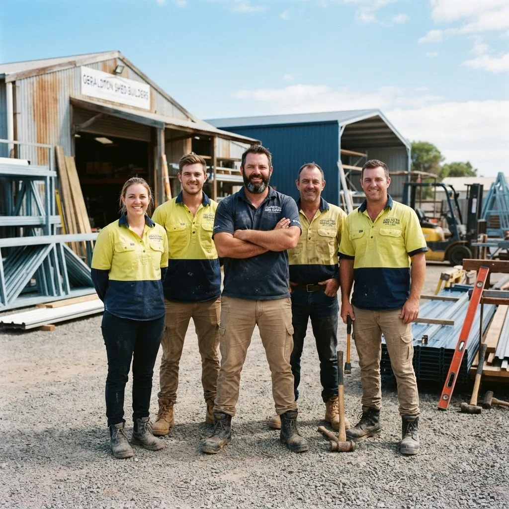 Portrait-style photo of a local Geraldton shed builder team outside their workshop with various shed frames and materials, bright natural
