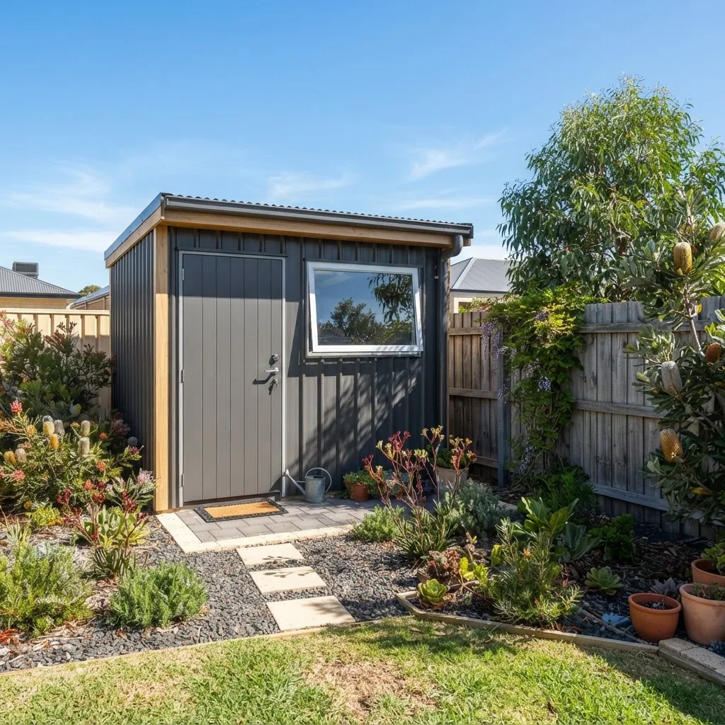 Exterior photo of a typical modern garden shed in a suburban Geraldton backyard on a sunny day, showing landscaping, shadow detail, and a