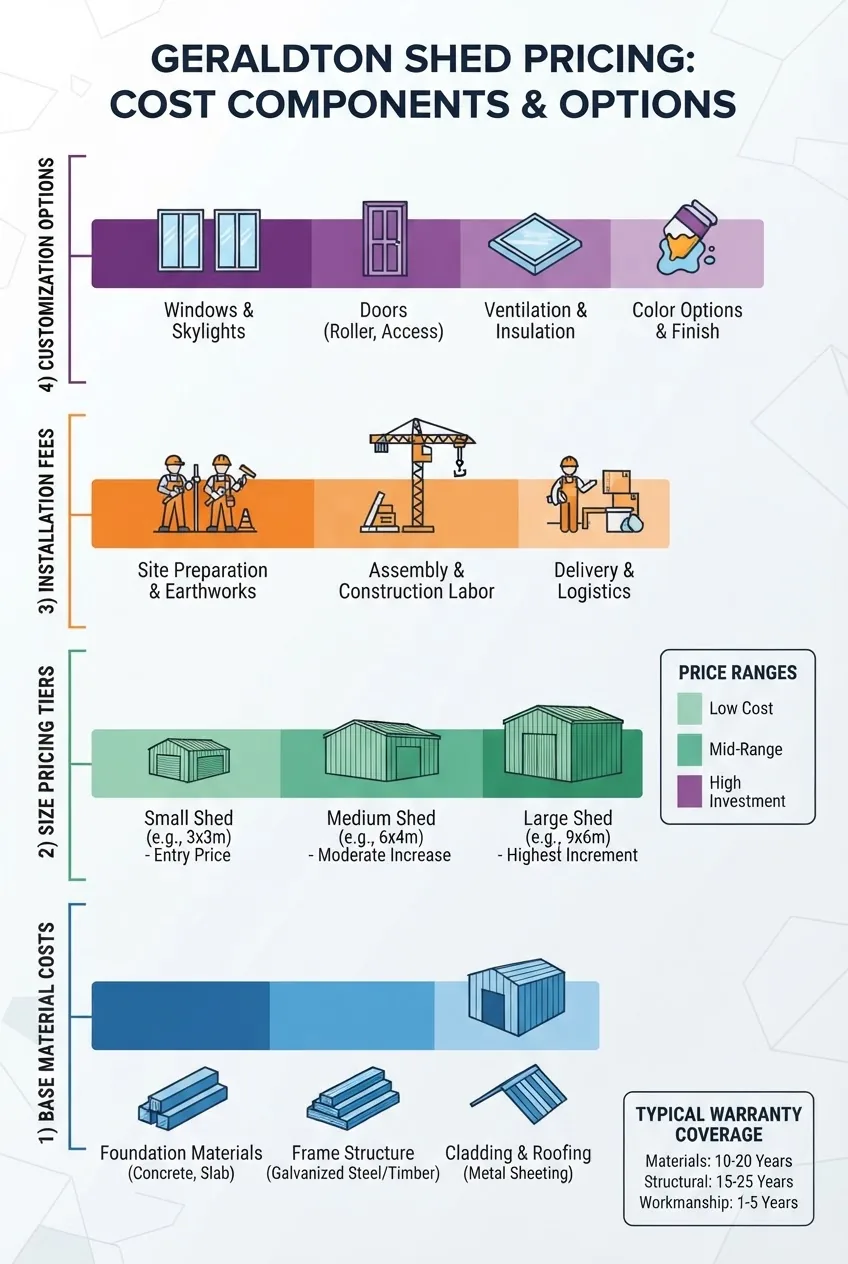 Infographic illustrating Geraldton shed pricing components: base material costs, size pricing tiers, installation fees, customization