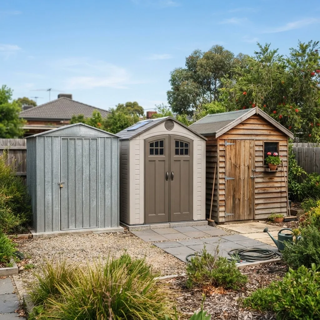 side-by-side outdoor view of three small sheds in Melbourne setting: one metal, one plastic, one timber, each clearly distinct, under clear