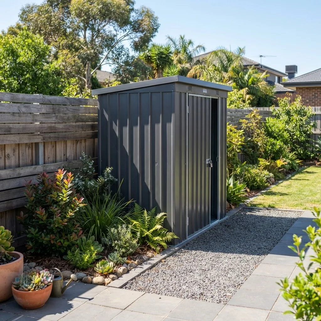 bright sunny Melbourne backyard showing a compact, modern slimline garden shed situated beside a small garden bed, shot from ground level