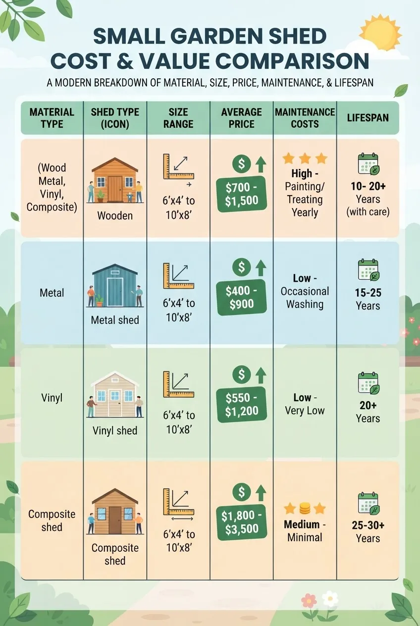 shows a cost breakdown for small garden sheds, with columns for material types, size ranges, average price, maintenance costs and lifespan,