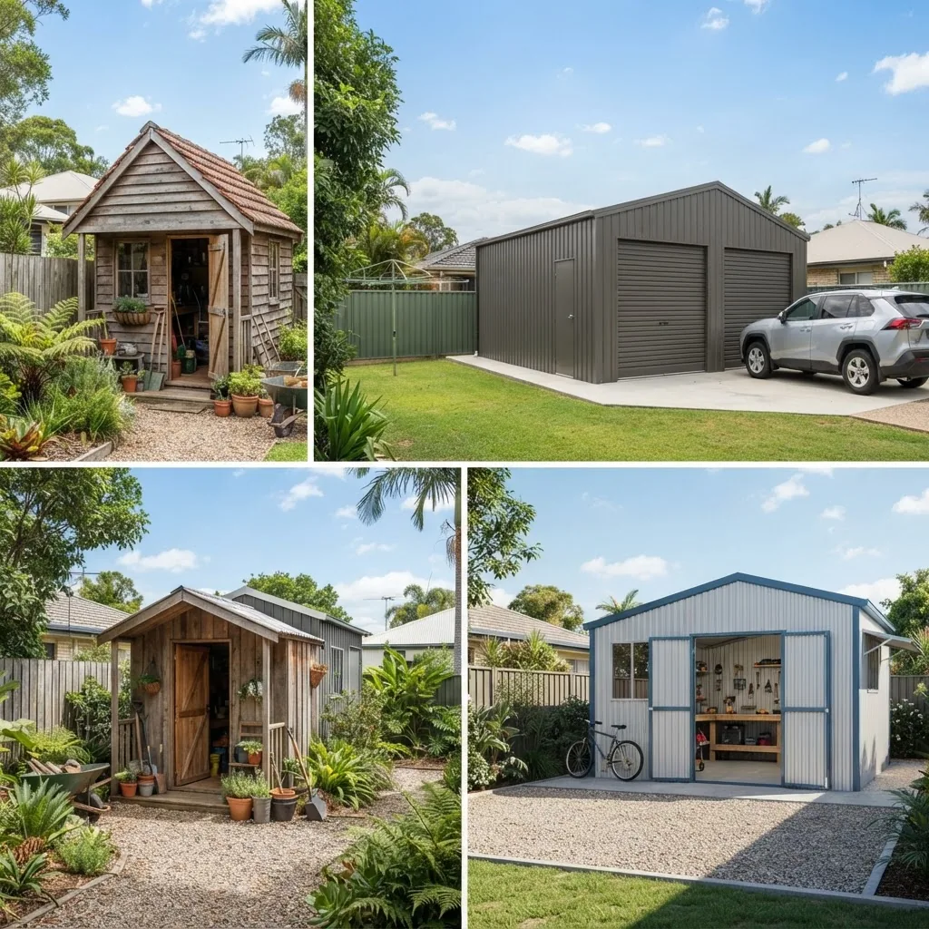 Side-by-side images showing three common shed types in Ipswich: a timber garden shed, a Colorbond steel garage shed, and a prefabricated